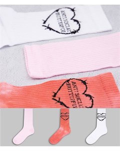 Набор из 3 пар носков разных цветов с розовыми носками с эффектом тай дай и надписью Anti Social But New girl order
