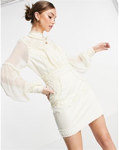 Кремовое присборенное платье мини с высоким воротом пышными рукавами и необработанным краем Asos design