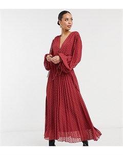 Насыщенно красное плиссированное платье миди с завязкой и пышными рукавами из ткани добби с узором ш Asos tall