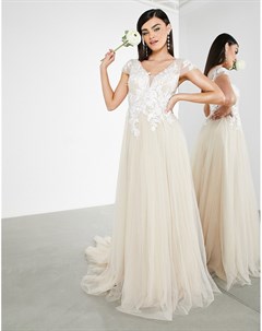 Светло бежевое сетчатое свадебное платье с вышитым лифом и короткими рукавами Josie Asos edition