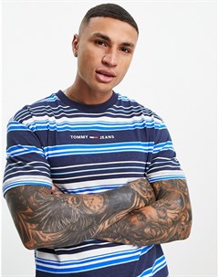 Темно синяя футболка в разноцветную полоску с линейным логотипом Tommy jeans