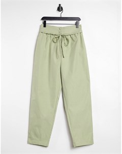 Шалфейно зеленые брюки в тонкую полоску с завышенной талией и завязкой Lost ink