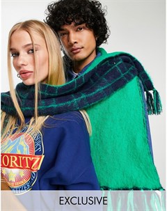 Большой двусторонний шарф в темно синюю и зеленую клетку в стиле унисекс Inspired Reclaimed vintage