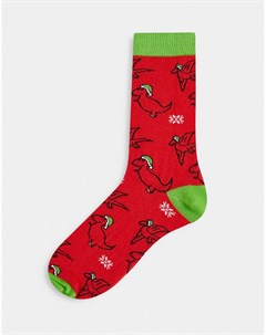 Красные новогодние носки с динозаврами Asos design
