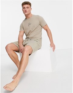 Бежевый комплект одежды для дома из футболки и шортов с логотипом подписью Premium Jack & jones