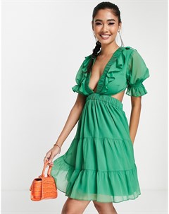 Шифоновое чайное платье мини с ярусной юбкой и шнуровкой на спине зеленого цвета Asos design