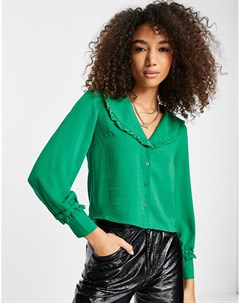Зеленая фактурная рубашка с оборками на воротнике Topshop
