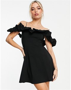 Черное платье мини из бенгалина с оборками Miss selfridge