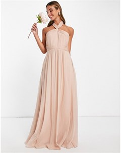 Светло розовое платье макси со сборками завязкой на шее и перекрутом Bridesmaid Asos design