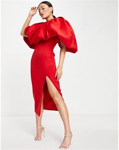 Красное платье футляр миди с пышными рукавами и разрезом Asos design