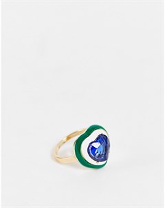 Кольцо с сердечком с кристаллом и эмалью зеленого цвета Designb london