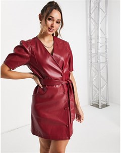 Темно красное платье мини из искусственной кожи с запахом и рукавами фонариками Vero moda