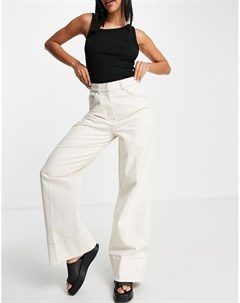 Строгие кремовые брюки из органического хлопка с широкими штанинами и контрастной строчкой Femme Selected