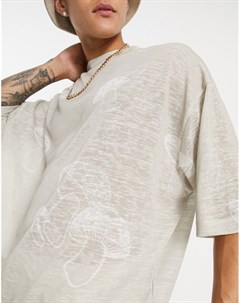 Бежевая футболка в стиле oversized с принтом грибов Asos design