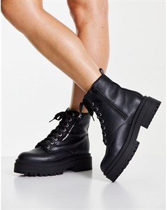 Черные ботинки со шнуровкой молнией и толстой плоской подошвой New look