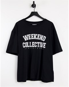 Черная oversized футболка с принтом в университетском стиле Curve Asos weekend collective