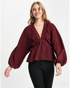 Блузка бордового цвета с длинными рукавами кимоно и эластичной деталью Asos design