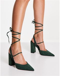 Темно зеленые туфли на блочном каблуке с завязками на щиколотке Panda Asos design