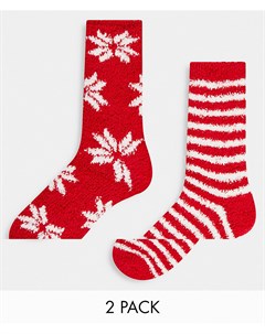 Набор из 2 пар пушистых носков красного цвета со снежинками и в полоску Loungeable