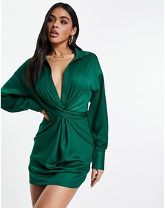 Изумрудно зеленое платье рубашка с узлом спереди x Syd Ell In the style
