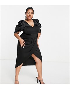 Черное атласное платье миди с драпированными рукавами и запахом ASOS DESIGN Curve Asos curve