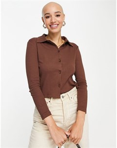 Трикотажная рубашка шоколадного цвета на пуговицах с длинными рукавами Miss selfridge