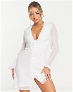 Белое плиссированное платье с v образным вырезом Na-kd