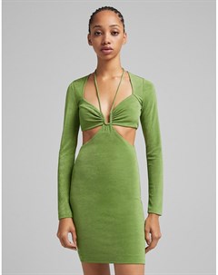 Зеленое платье мини с квадратной горловиной и вырезом Bershka