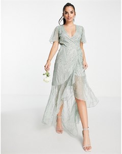Шалфейно зеленое платье макси для подружки невесты с запахом и декоративной отделкой Bridesmaids Frock and frill