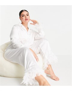 Белая атласная пижама со съемной отделкой из искусственных перьев Plus Night