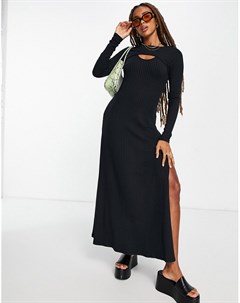 Черное трикотажное платье миди в рубчик с вырезом Topshop