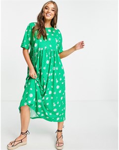 Зеленое oversized платье с присборенной юбкой и цветочным принтом Asos design