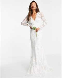 Свадебное платье с глубоким вырезом длинными рукавами и цветочной вышивкой Ivy Asos edition
