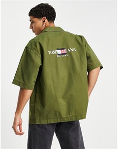 Оливково зеленая рабочая рубашка навыпуск с логотипом флагом и рукавами до локтя Tommy jeans