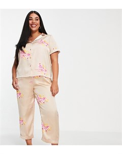 Золотистый атласный пижамный комплект с цветочным принтом из рубашки и шорт Vero moda curve
