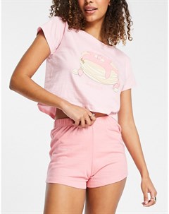 Розовый пижамный комплект с шортами и принтом панкейков Brave soul