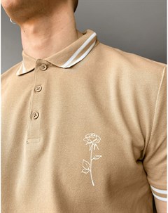 Бежевая футболка поло из пике с вышивкой в виде розы Asos design