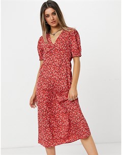 Красное чайное платье миди с цветочным принтом New look