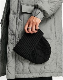 Черная шапка бини в рубчик из овечьей шерсти с широким отворотом Asos design