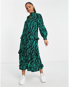 Ярусное платье миди с завязкой на шее и зеленым зебровым принтом New look