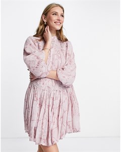 Розовое чайное платье с заниженной талией длинными рукавами и цветочным принтом Allsaints