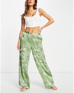 Атласные пижамные брюки шалфейно зеленого цвета с принтом пальм Topshop
