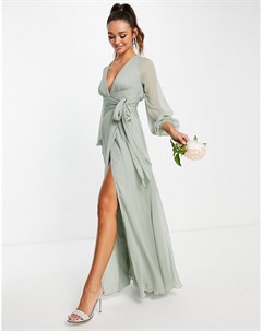 Присборенное платье макси оливкового цвета с юбкой на запахе и длинными рукавами Bridesmaid Asos design