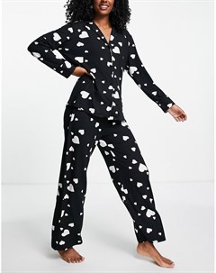 Черный пижамный комплект с рубашкой с воротником с лацканами из мягкого материала с принтом сердечек New look