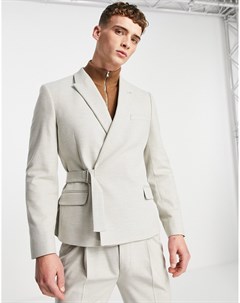 Укороченный костюмный пиджак скинни из саржи серого цвета с поясом Asos design