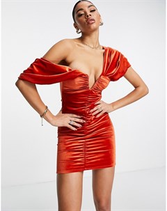 Рыжее платье мини из бархата с открытыми плечами и множеством сборок Asos design