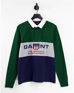 Зеленая футболка поло из плотной ткани в стиле колор блок с логотипом в виде щита на груди Gant