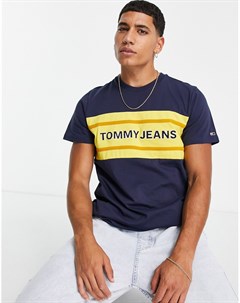Темно синяя полосатая футболка в стиле колор блок с логотипом на груди Tommy jeans