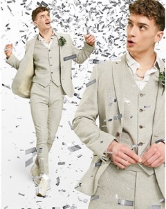 Супероблегающий пиджак из светло бежевой ткани с добавлением шерсти в гусиную лапку Wedding Asos design
