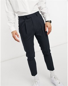 Темно синие строгие брюки суженного книзу кроя в тонкую полоску Asos design